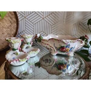 Vintage Capodimonte Porcelain Floral Centerpiece Bowl & Candlestick Holders